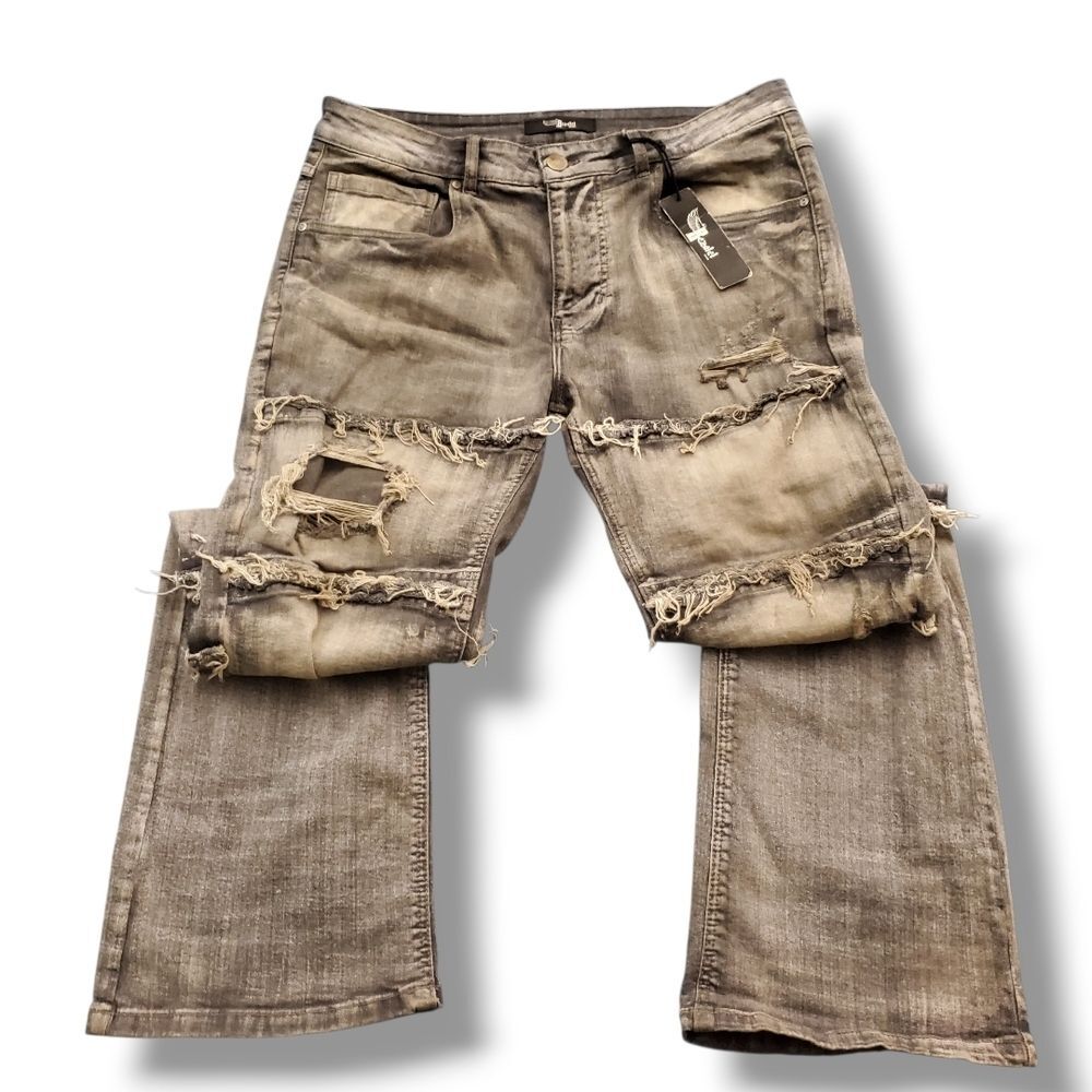 Bezalel Denim Distressed Flared Jeans Gray Washed Ripped Bell Bottom Size 36x34 - Picture 8 of 15